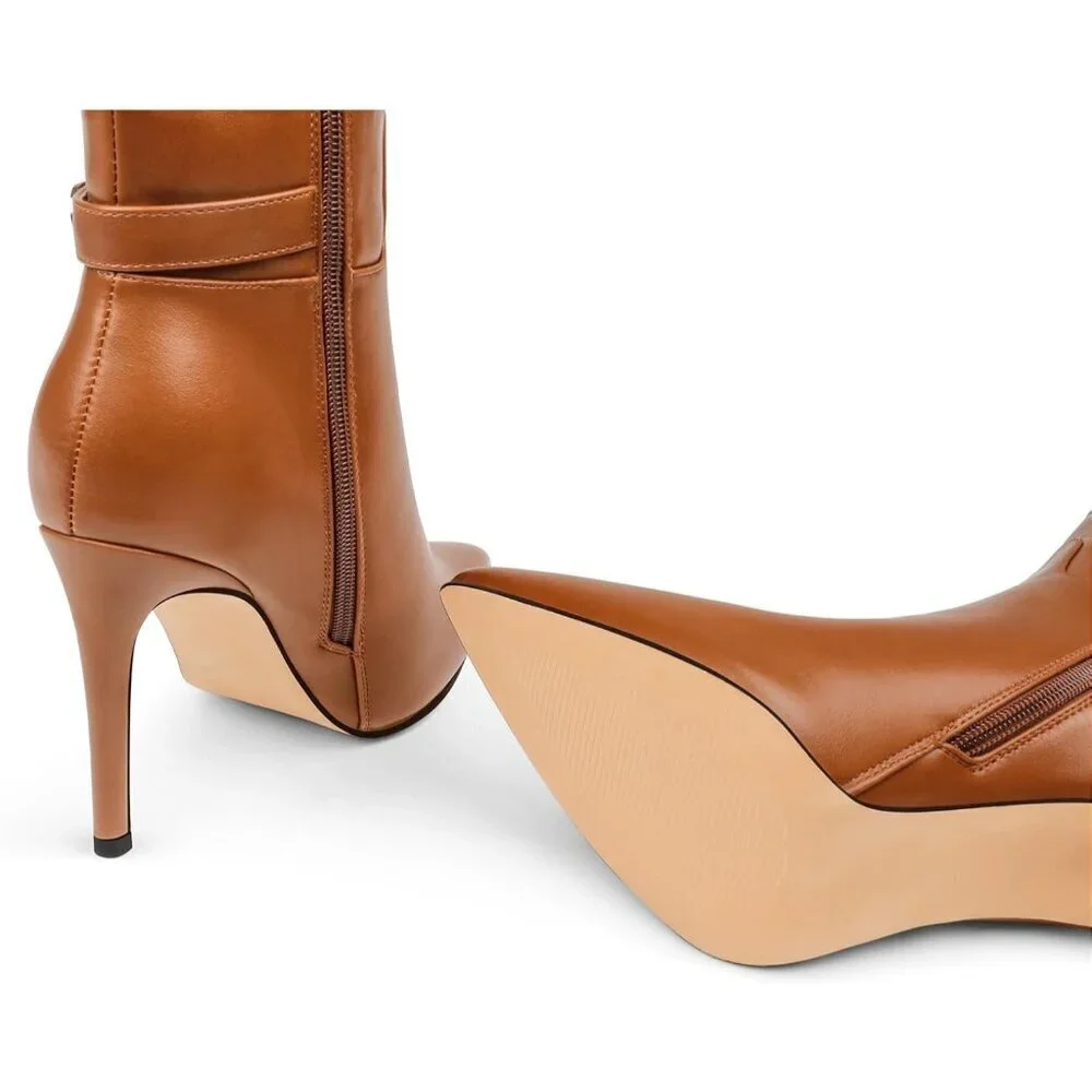 Women's Brown Matte Stiletto Slouch Knee High Dress Boots Pointed Toe Buckle